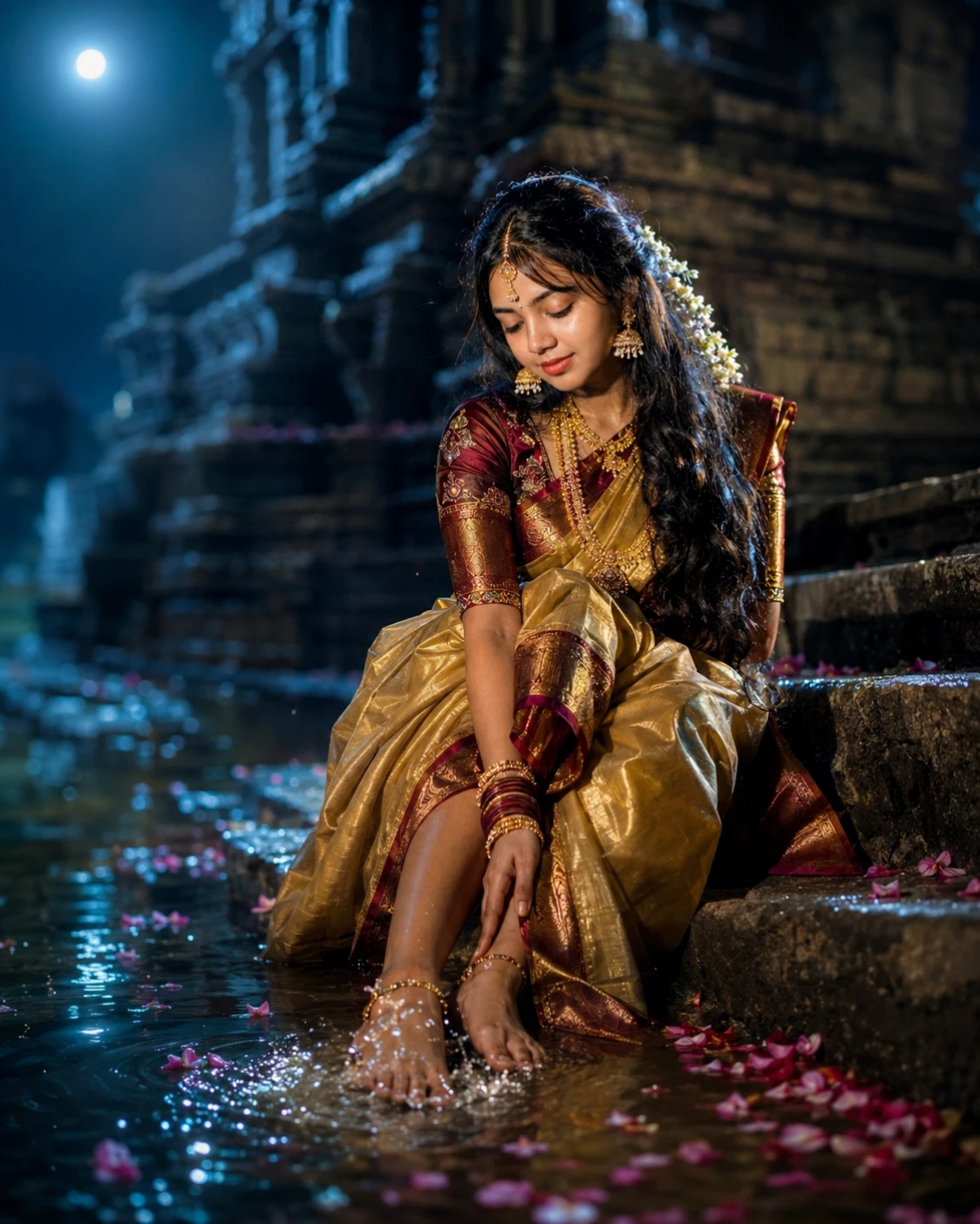 HG Promts Moonlit Temple Queen AI Photo Prompt | Ultra Realistic Indian Saree Girl Cinematic Portrait 8K