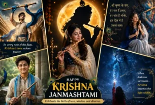 Krishna Janmashtami AI image featuring Lord Krishna, flute, peacock feathers, devotees and a divine midnight celebration