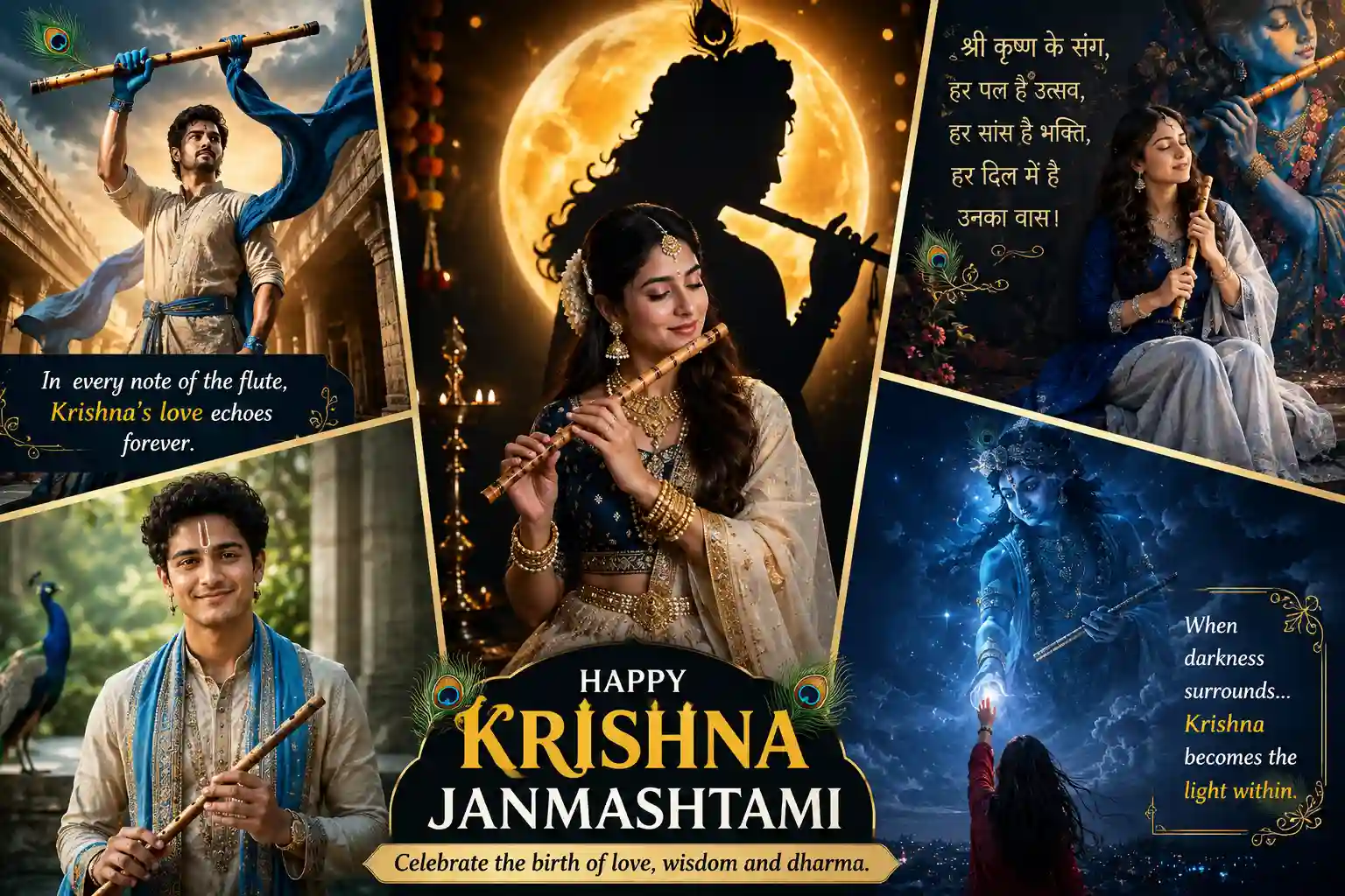 Krishna Janmashtami AI image featuring Lord Krishna, flute, peacock feathers, devotees and a divine midnight celebration
