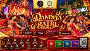 Dandiya Raatri Season 3 Dumka 2026 featured image with Dumka Pride and Attractive Dumka logos, Garba dancers, event details, venue and ticket prices.