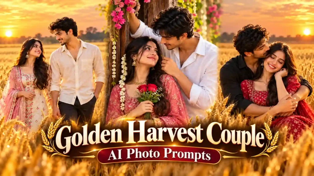 Golden Harvest Couple AI Photo Prompts featuring romantic couples in a golden wheat field at sunset.